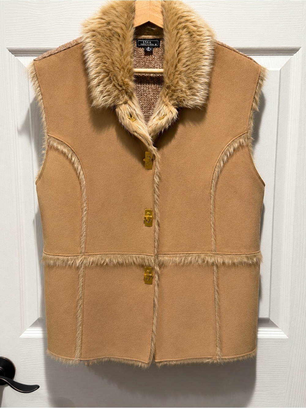 Lisa International Tan Faux Shearling-Trim Vest with Gold Hardware - Picture 2 of 4